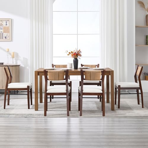 BESTANO Modern Armless Dining Chairs with Rope Woven Back Set of 6, White Chenille Upholstered Kitchen & Dining Room Chairs, Mid-Century Classic Farmhouse Wooden Side Chair - color: White, size: 6 Chairs
