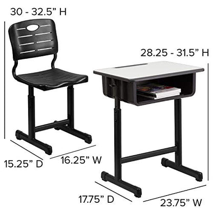 Flash Furniture Adjustable Student Desk and Chair Set for Classrooms or Remote Learning, Adjustable School Desk with Chair and Book Box, Gray/Black | Black Pedestal Frame, Adjustable , Commercial Use
