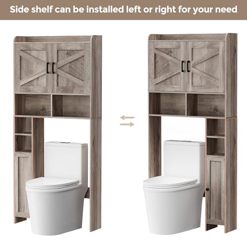 Homhedy Wooden Over The Toilet Storage Cabinet with Barn Door | Freestanding Bathroom Storage, Toilet Paper Holder, Adjustable Shelf,Space-Saving, Farmhouse Style, Greige - color: Greige
