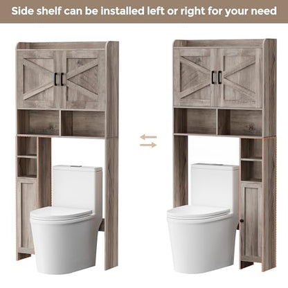 Homhedy Wooden Over The Toilet Storage Cabinet with Barn Door | Freestanding Bathroom Storage, Toilet Paper Holder, Adjustable Shelf,Space-Saving, Farmhouse Style, Greige - color: Greige