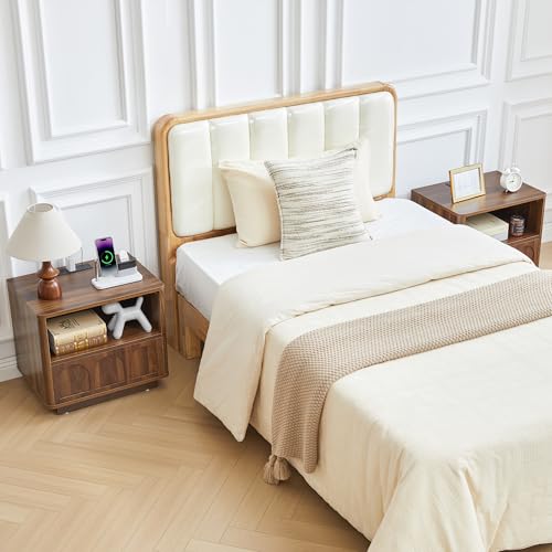Small Nightstand Set of 2 with Charging Station, Accent Bedside Nightstand with Drawer, Mid Century Modern Bedroom Side Bed Table with Storage for Dorm, Living Room, Couch, Office - Walnut - color: Walnut