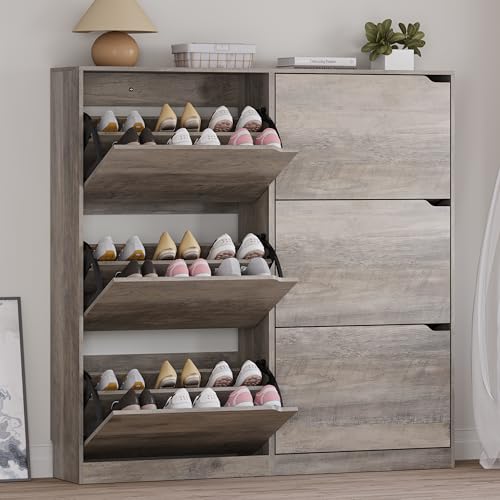 BORNOON Shoe Cabinet with 6 Flip Drawers, Slim Narrow Shoe Storage Cabinet, Freestanding Shoe Organizer for Entryway, Hallway, Foyer - color: Grey, size: 6 Drawers