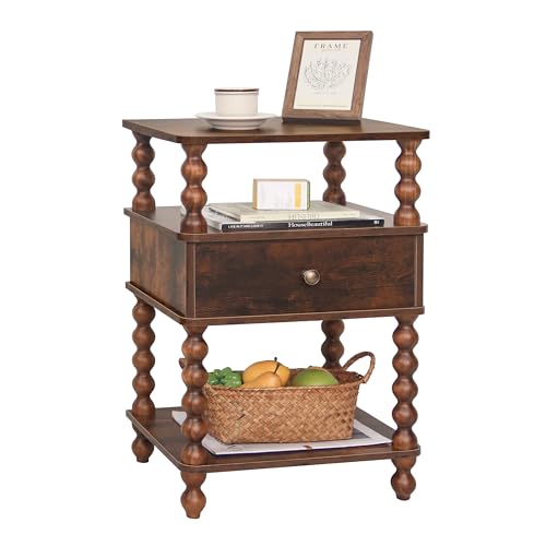 AWASEN Night Stand, Bed Side Table Bedroom with Drawer, 3-Tier Small Nightstand End Table with Storage for Small Spaces &Solid Wood Spindle Legs, Rustic Brown - color: Rustic Brown
