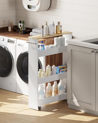 CHOEZON Slim Storage Cart with Wheels, 5.5" Narrow 4-Tier Rolling Cart, Multi-Purpose Utility Cart for Kitchen, Bathroom, Laundry Room, Living Room, White and Natural MTC02WN