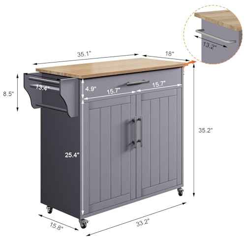 Wood Kitchen Island with Storage, Wooden Rolling Kitchen Island On Wheels with Countertop, Mobile Kitchen Island Cart with Towel Rack, Spice Rack, Adjustable Shelf and Drawers, Grey - color: Grey