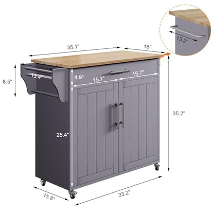 Wood Kitchen Island with Storage, Wooden Rolling Kitchen Island On Wheels with Countertop, Mobile Kitchen Island Cart with Towel Rack, Spice Rack, Adjustable Shelf and Drawers, Grey - color: Grey