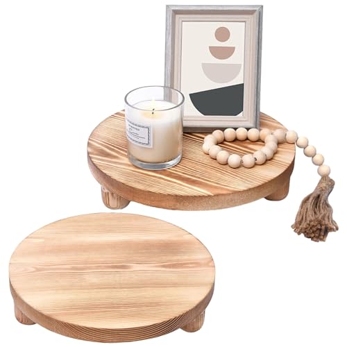2 Pcs Round Wooden Riser for Kitchen Counter, Natural Pine Plant Stand, Versatile Pedestal Display Base, Decorative Holders for Candles, Tabletop Decor, Small Pot, Bathroom Storage