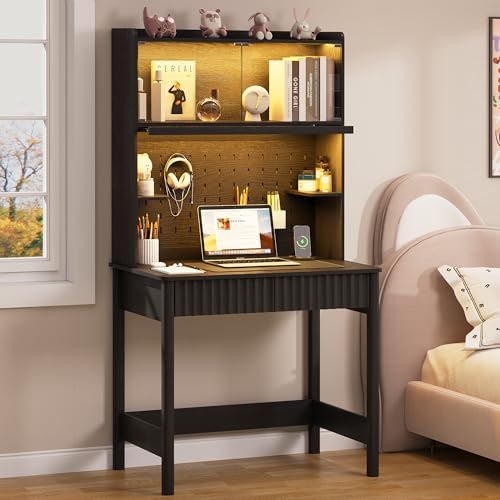Lvifur 31.5" Small Natural Desk with - Glass Doors,Computer Desk w/Charging Station and LED Reading Lights,Compact Study Desk with Drawers,Writing Home Office Desks for Small Spaces Bedroom - color: Black-b