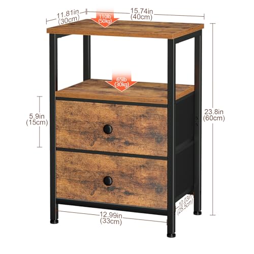 Night Stand, Nightstands Set of 2 for Bedroom | Small Bedside Table with 2 Fabric Drawers, End Tables Living Room, Bed Side Table with Open Storage Shelf, Rustic Brown - color: Brown