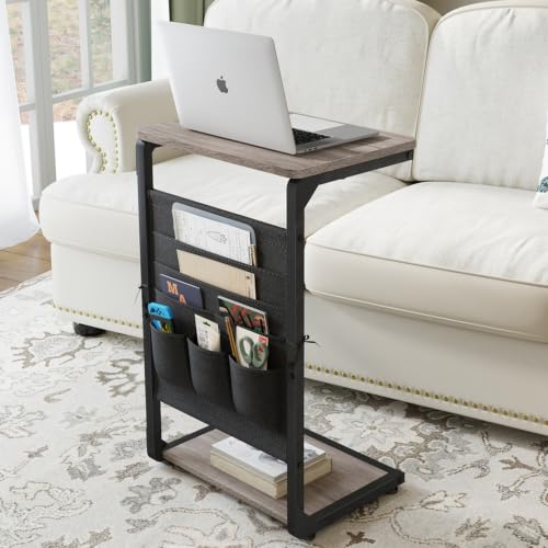 TV Tables for Eating Over Couch, Sofa Side Table Tray Dinner Recliner Chair | TV Trays on Couch Tables that Slide Under, Small Laptop C Shaped End Stand, Snack Food Breakfast Drink, Living Room ET-P-GYW1 - color: Greige
