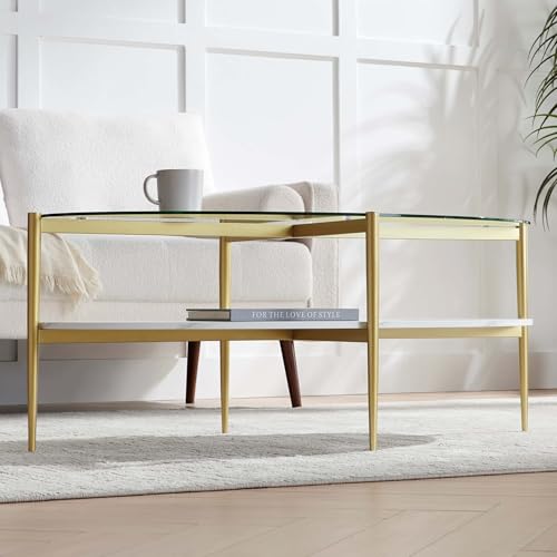 LumFurn Oval Glass Coffee Table, Mid-Century Modern Design, L43 x W22 x H17 inch, Surfboard Shaped Clear Glass Top and White Marble Finish Wood Shelf, Tapered Legs with Gold Finish Frame - color: Clear & White Marble, size: L43" Surfboard Coffee Table