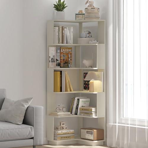 GDFStudio 64.6" Tall L-Shaped Corner Bookshelf, 6-Tier Freestanding Corner Shelf Bookcase with Anti-Drop Panels, Wooden Open Back Display Shelves Organizer for Living Room Office Bedroom, White Oak - color: White Oak
