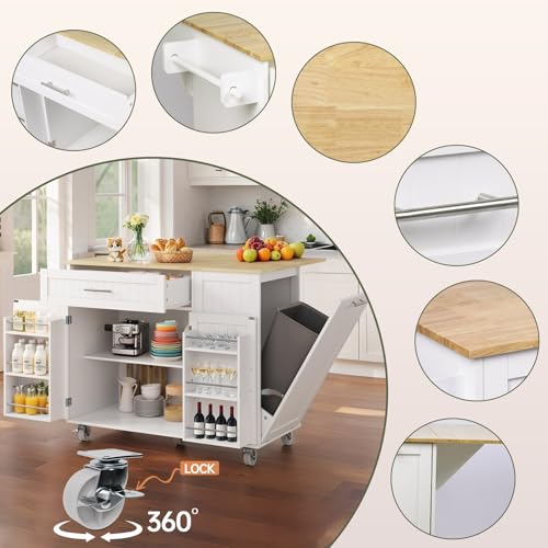 Kitchen Island with Storage, Island Table for Kitchen with Widen Drop Leaf Rubberwood Top, Trash Can Storage and Towel Bar, Rolling Kitchen Island Cart on Wheels for Indoor Outdoor, White