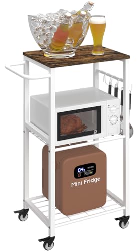 Kitchen Microwave Stand Cart with Storage Rack, 3-Tier Rolling Kitchen Side Table on Wheels with 8 Hooks, Utility Small Coffee Shelf Organizer for Living Room, Bedroom, Bathroom, Office, White