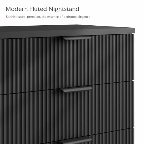 25.6" W Black Fluted Nightstand with 3 Drawer, Modern Wood Night Stands | Bedside Table for Bedroom King/Queen Bed, End Table with Robot-friendly Legs for Living Room,Entry - color: 3 Drawers-1pcs-black