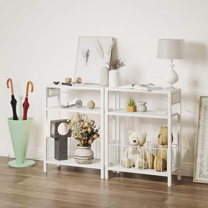 TRIFEBLE Narrow Side Table with Charging Station, Small End Table for Small Spaces, Slim Nightstand with Storage Basket, 3 Tier Skinny Bedside Table for Living Room, Bedroom, White - color: White, style: With Basket & Power