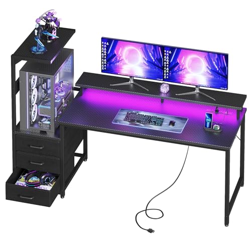 AODK 59 Inch Gaming Desk with LED Light- Reversible Computer Desk with Storage Shelves & Monitor Stand, Fabric Drawers Fits Compact PC Towers, Black - color: Black, size: 59 Inches