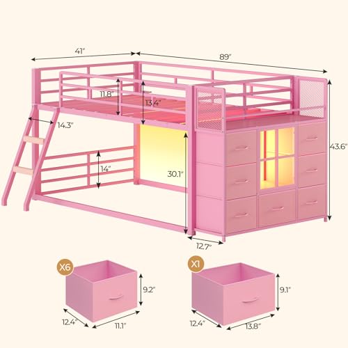 BTHFST Low Bunk Bed Twin Over Twin with 7 Large Fabric Drawers & Bookshelf, Metal Bunk Bed with RGB LED Lights & Slanted Ladder & Safety Guardrail, Space-Saving Kids Low Loft Bed Twin, Pink - color: Pink