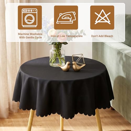 Small Round Tablecloth 36 inch, Solid Black Circle Scalloped Fabric Table Cloth, Dust Wrinkle Resistant Washable Polyester Table Cover for Nightstand End Bedside Small Dining Coffee Tables Top - color: Black, size: 36" (Round)