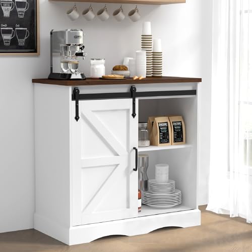 HOMFAMILIA 31.5" H Farmhouse Coffee Bar Cabinet w/Storage, White Kitchen Coffee Station with Sliding Barn Door, Rustic Buffet Cabinet with Adjustable Shelves, for Kitchen, Living Room, White - color: White