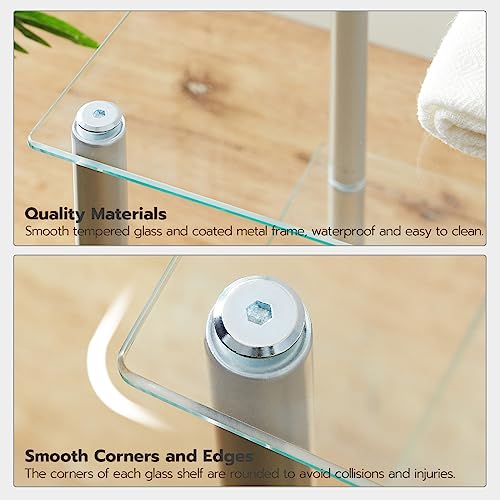 HOOBRO Glass Shelf, 4 Tier Bathroom Standing Shelf Unit, Tempered Glass Shelving Stand for Small Space, Perfume Stand Organizer, Space-Saving, for Bathroom, Bedroom, Steel Frame, Silver SV04CJ01 - size: 15" L x 11.8" W x 41.3" H