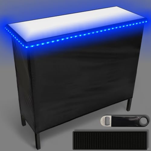 PartyLife NEW & Improved Portable Bar Table w/LED Lights, Folding Steel Legs, 2 Bar Skirts, Supportive Storage Shelf & Carrying Case - White - color: White, size: Standard, style: LED Lights