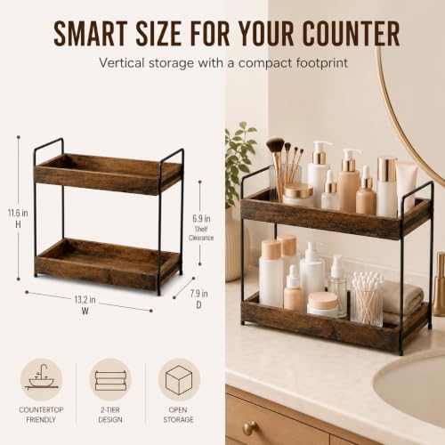 mahueeol 2 Tier Wood Counter Organizer | Bathroom Vanity Use, Kitchen Use - style: Rustic