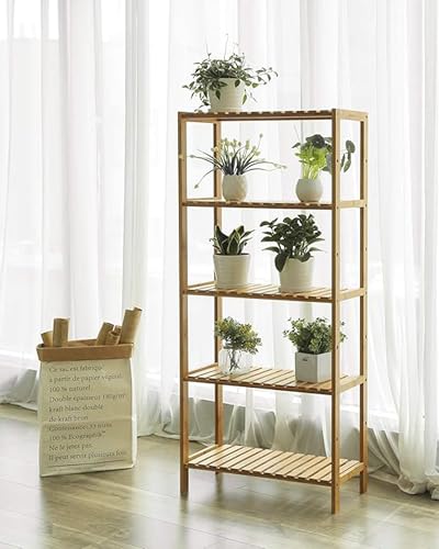 SONGMICS Bamboo Storage Shelf, 5-Tier Shelving Unit, Multifunctional, in The Entryway, Bathroom, Living Room, Balcony, Kitchen, 10.2 x 23.6 x 51.2 Inches, Light Bamboo UBCB35Y - color: Light Bamboo, size: 5 Tiers (10.2"D x 23.6"W x 51.2"H)
