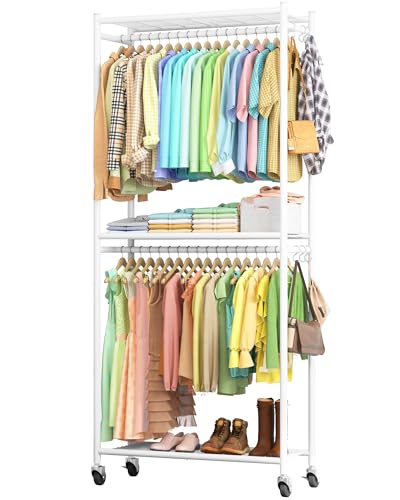 Sakugi Clothes Rack - 33.0" x 12.2" x 79.5" Clothing Rack with Shelves & Wheels, Multi-Functional Wardrobe Closet with Hooks, Sturdy Metal Garment Rack for Bedroom, Laundry, Balcony (White) - color: White, size: Large