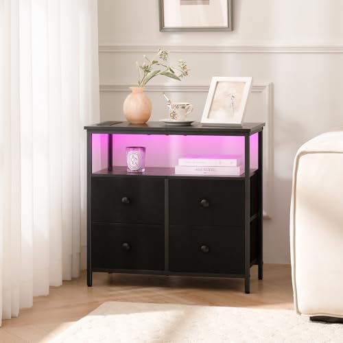 Yoobure Night Stand with Charge Station, Nightstand with 4 Drawers Bedside Table, LED Dresser with Storage Shelf, Night Stands for Bedroom, Side Table 3-Tier Wood End Table for Home, Office Black - color: Black