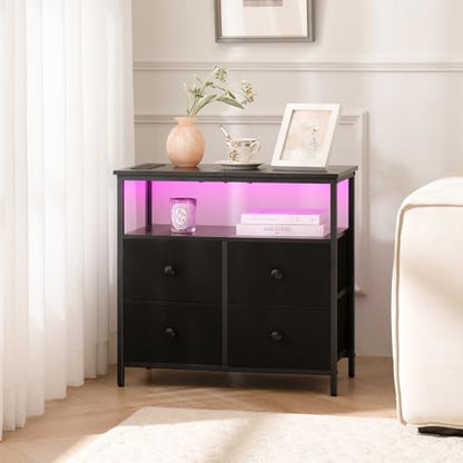 Yoobure Night Stand with Charge Station, Nightstand with 4 Drawers Bedside Table, LED Dresser with Storage Shelf, Night Stands for Bedroom, Side Table 3-Tier Wood End Table for Home, Office Black - color: Black
