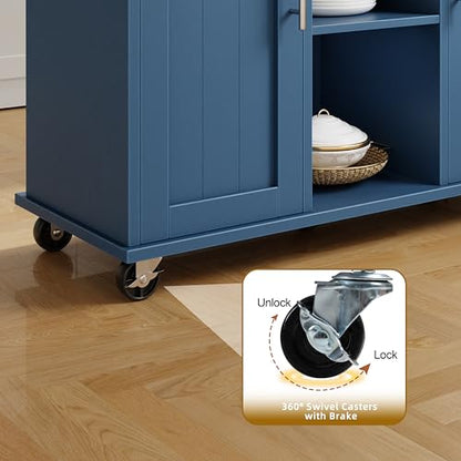 SUNLEI Rolling Kitchen Island Cart with Wheels, Island Table for Kitchen, Farmhouse Kitchen Cart with Drop Leaf & Towel Rack & Drawer, Kitchen Islands Table with Storage Cabinet, Blue - style: Blue