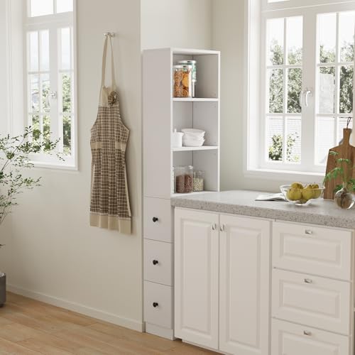 ARTETHYS Tall Narrow Free Standing Bathroom Storage Cabinet Set of 2, White | 3-Level Adjustable Shelves, Home - Space Saver for Living Room Kitchen, 3 Drawers - color: White Set of 2