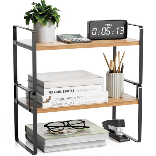 YGYQZ Desk Shelf Organizer, 2-Tier Desktop Bookshelf, Black & Wood | Detachable Design, 2-Tier Storage, Multi-Use Desktop Shelf, Compact Organization, Ideal for Office, Dorm & Home - color: 2-tier Black/Wood