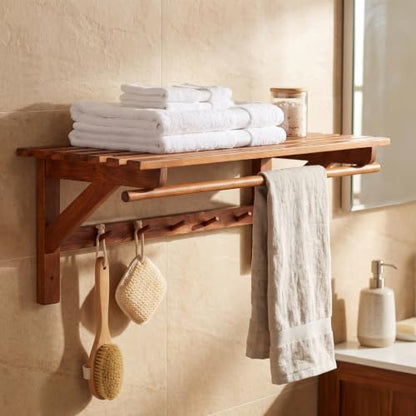 Bare Decor Caracas Bathroom Wall Shelf with Hangers in Solid Teak Wood 31.5"
