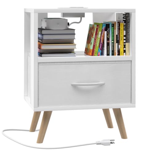 Huhote Kids Nightstand, 2-Tier Night Stand with Charging Station and Drawer, Modern Side Table for Bedroom, Study Room, Small Spaces, White - color: White, size: 2-Tier with Charging