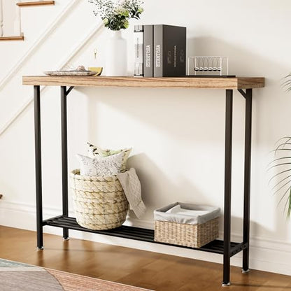 Acovy Industrial Solid Wood Console Table, 2 Tier Entryway Table with Storage Shelves, Narrow Sofa Table for Living Room, Hallway, Foyer, Entryway, Rustic Brown