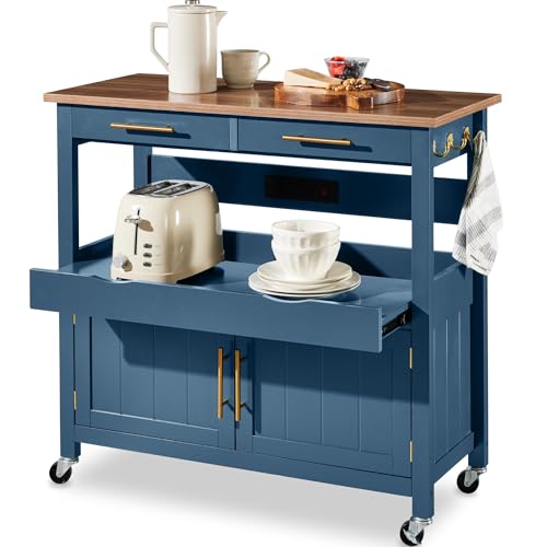 Best Choice Products 36in Large Rolling Kitchen Island Cart, 2-Door Cabinet, 2 Drawers, Pull-Out Shelf, Power Outlet, Hooks, & Swivel Lockable Wheels - Slate Blue - style: Slate Blue