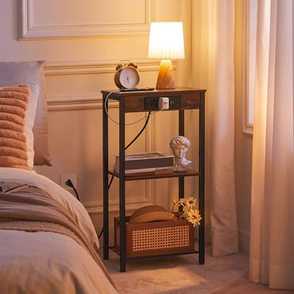 HOOBRO Tall End Tables with Charging Station, Set of 2, 30 Inch Tall Nightstands, 3-Tier Side Tables with Adjustable Storage Shelves, for Living Room, Bedroom, Hallway, Rustic Brown BF09UDHP201G1 - color: Rustic Brown + Black