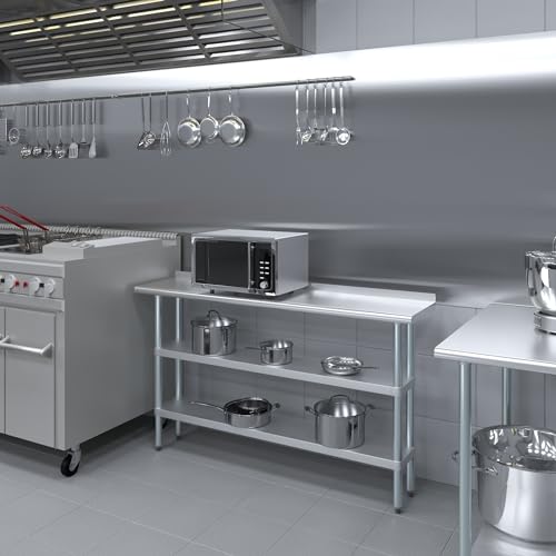 AmGood Stainless Steel Work Table with 1.5" Backsplash and 2 Shelves | Metal Kitchen Food Prep Table | NSF (60" Long x 14" Deep) - size: 60" Long x 14" Deep