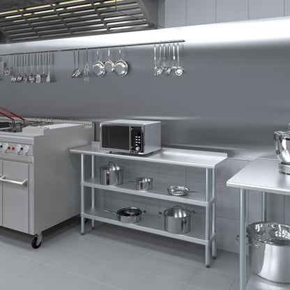 AmGood Stainless Steel Work Table with 1.5" Backsplash and 2 Shelves | Metal Kitchen Food Prep Table | NSF (60" Long x 14" Deep) - size: 60" Long x 14" Deep