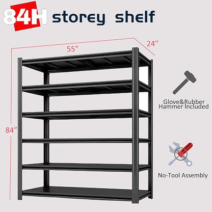 6-Tier 55" W x 24" D x 84" H Garage Shelving 6000LBS Storage Shelves Heavy Duty Metal Shelf Unit Adjustable Basement Industrial Storage Racks (6T-84 * 55 * 24) - size: 6T 55" W x 24" D x 84" H
