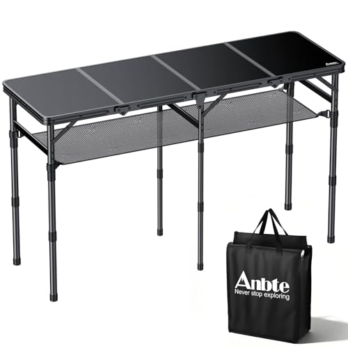 Anbte 4-Fold Camping Table, 3 Adjustable Height Max 27.5”, 46” X 16”, Black | with Storage Net, 4ft Aluminum Portable Camping Table, Lightweight, For Picnic Beach Outdoor Indoor RV Travel Tailgate - color: Pure Black, size: 45.67"L x 16"W x 27.5"H