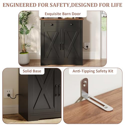 GarveeLife 71" Pantry Cabinet with Charging Station, Tall Kitchen Pantry Storage Cabinet with Microwave Stand, Large Farmhouse Kitchen Hutch with Cabinet Doors & Drawer for Living Room, Dining Room - color: Black