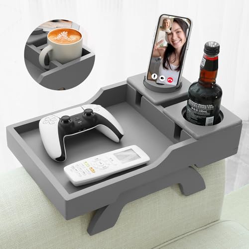 GHKINMAL Couch Cup Holder, 4-in-1 Side Couch Arm Tray with Phone Holder, Sofa Clip on Side Table for Wide Couches Arm, Suitable for Home Drinks/Remote/Snacks-Grey - color: Gray