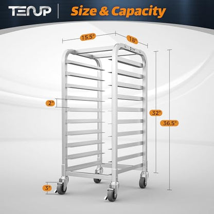 TenUp 10-Tier Half Size Sheet Pan Rack, Heavy-Duty Aluminum Bakery Rack with Wheels – Commercial Cooling & Storage Cart – 18" L x 15.5" W x 36" H - size: Half Size 10-Tier