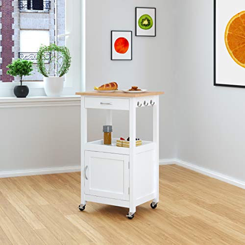 eHemco Kitchen Island Cart on Wheels, White Base | Drawer, Storage Cabinet, Shelf, Natural Solid Hardwood Top - color: White