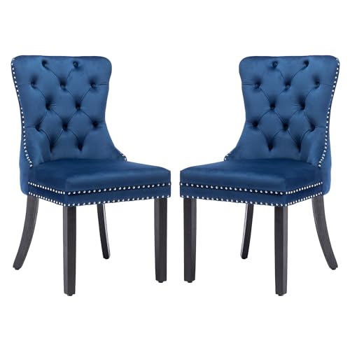 KCC Velvet Dining Chairs Set of 2, Upholstered High-end Tufted Dining Room Chair with Nailhead Back Ring Pull Trim Solid Wood Legs, Nikki Collection Modern Style for Kitchen, Blue - color: Blue, size: Set of 2