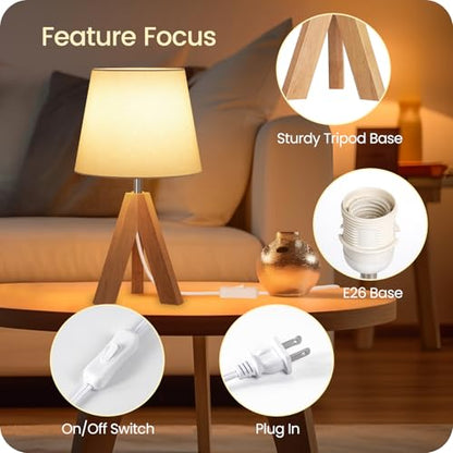 Wood Bedside Lamps Set of 2, Small Tripod Table Lamp, Modern Nightstand Lamp with Fabric Shade, Boho Bedside Wood Desk Lamp for Bedroom, Kids Room, Living Room, Study, White W51TLP205 - color: 2Pack White+Natural Wood