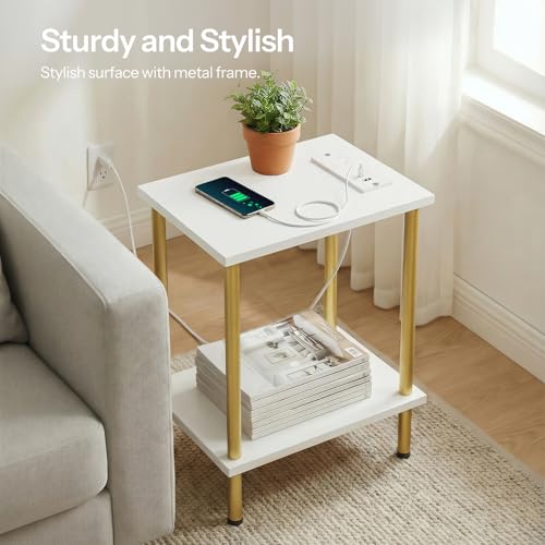 HOOBRO Side Table with Charging Station, Set of 2 End Tables with USB Port and Outlets, Nightstand with 2-Layer Storage Shelves for Small Spaces, Living Room, Bedroom, White and Gold DW09UBZP201 - color: White + Gold